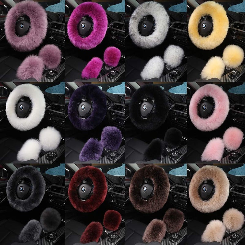 AOGELAN 3Pcs Set Fashion Fluffy Fuzzy Wool Fur Soft Car Steering Wheel Cover with Handbrake Cover & Gear Shift Cover for Women/Girls/Ladies Auto Long Wool Accessories  Pansy Purple - Image 4
